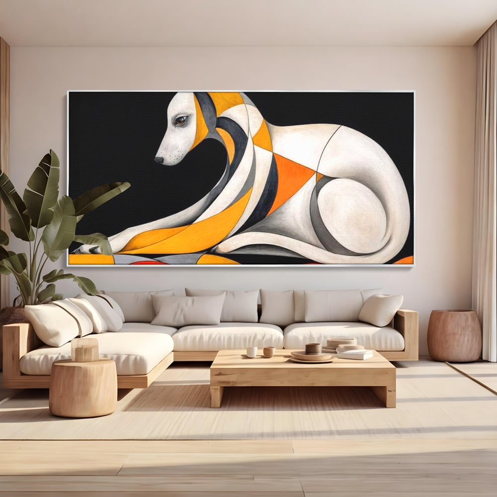 Tablou canvas cu tablou canvas cu caine stilizat in forme geometrice, in rama de aluminiu argintiu, pe perete intr-un living
